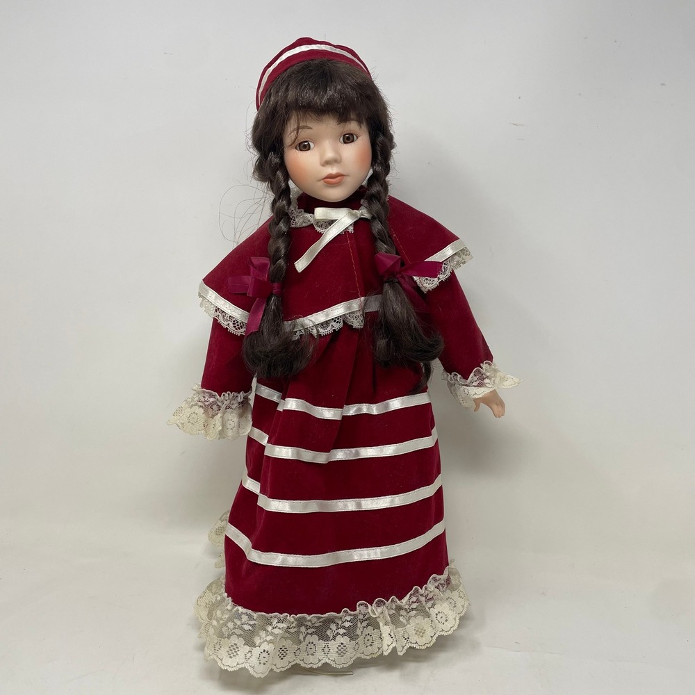 Classique Collection Porcelain Doll 16 inch Burgundy Velvet Dress‎ Lace LAU 247A